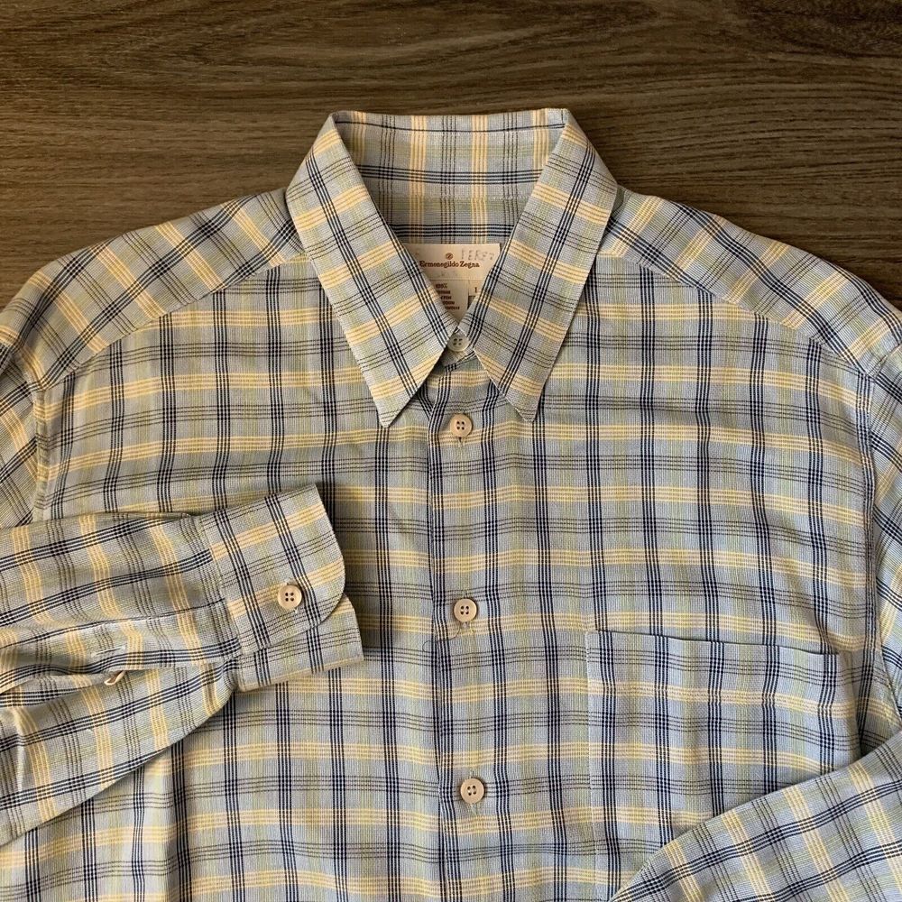 Ermenegildo Zegna Sz Large Blue Yellow Plaid Men's Dress‎ Shirt long Sleeve